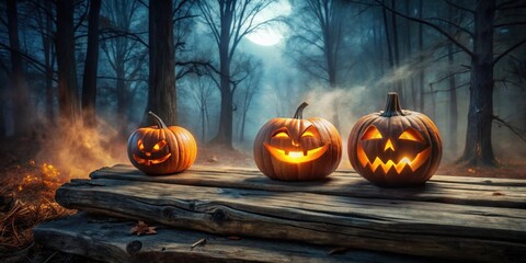 Poster - Illuminated Jack-o'-lanterns on Rustic Wooden Surface in a Mysterious Forest at Night