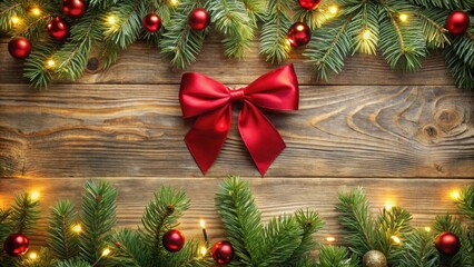 Poster - Rustic Wooden Background with Festive Evergreen Branches, Red Ornaments, and a Satin Bow
