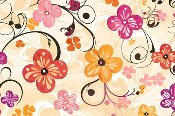 Seamless floral pattern with colorful flowers and swirling vines on a beige background, perfect for decorative wallpaper or textile prints, featuring isolated elements in a vibrant and elegant design