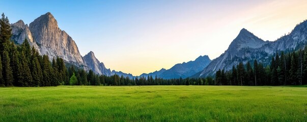 Aufkleber - Amidst mountains nature idea. Breathtaking panoramic view of majestic mountains and lush green meadows at sunset.