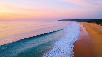 Poster - Beach clean-up nature idea. Stunning aerial view of a tranquil beach during a colorful sunset.