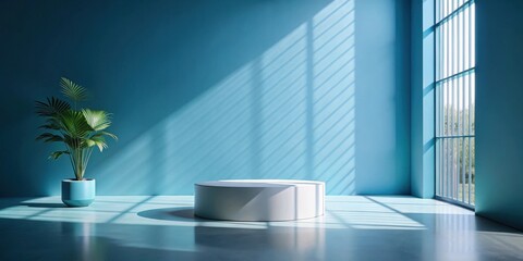 Poster - Serene Minimalist Studio Space with Circular Pedestal and Potted Plant