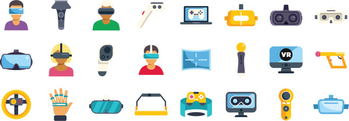 Poster - Collection of icons representing various aspects of virtual reality, including headsets, controllers, and users enjoying immersive experiences