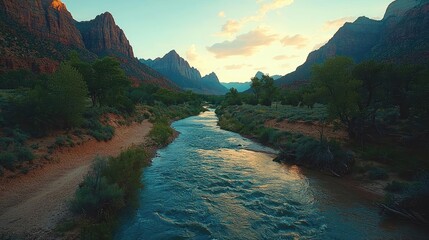 Poster - Amidst mountains nature idea. A serene river flows through majestic mountains at sunset, creating a tranquil landscape.