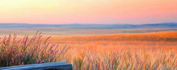 Poster - Wildflower fields nature concept. A serene landscape with golden grasses under a colorful sunset sky.