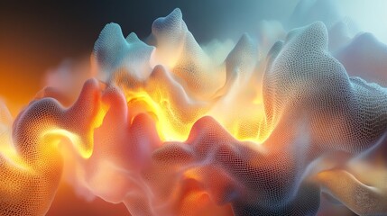 Poster - Dynamic Abstract Composition of Glowing Flowing Shapes With a Mesh Texture in a Vibrant Color Gradient