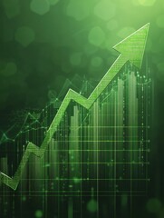 Poster - A digital art of an arrow in histogram showing huge investment profit. Up arrow in investment histogram on minimalist green background.