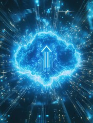 Poster - Abstract cloud technology background with blue digital cloud symbol with arrow up and lots of glowing circuit lines around. 3D rendering