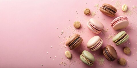 Poster - A delightful assortment of pastel-colored macarons with chocolate filling, adorned with sprinkles and small cookie crumbs on a pink background.
