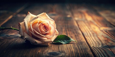 Poster - A single, delicate blush rose rests gently on a rustic wooden surface