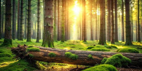 Poster - Golden Sunlight Illuminates Mossy Log in a Serene Forest
