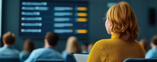 Poster - Networking event idea. A focused woman attending a conference presentation in a modern setting.
