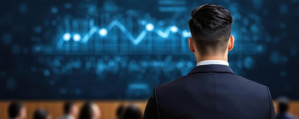 Poster - Networking event idea. A focused professional analyzes data during a corporate presentation.