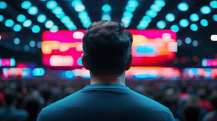 Poster - Networking event idea. A focused individual engages with a vibrant presentation at a large event.