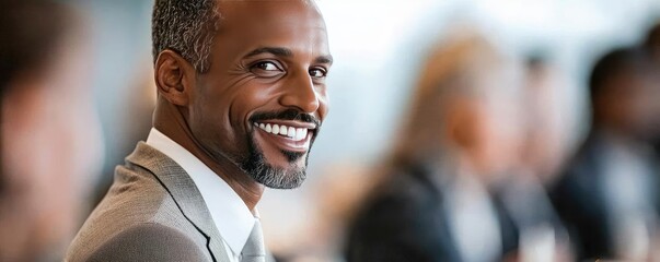 Aufkleber - Networking event idea. Smiling businessman in a meeting, showcasing confidence and professionalism.