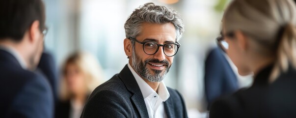 Aufkleber - Networking event idea. Confident businessman smiling during a meeting with colleagues in a modern office.