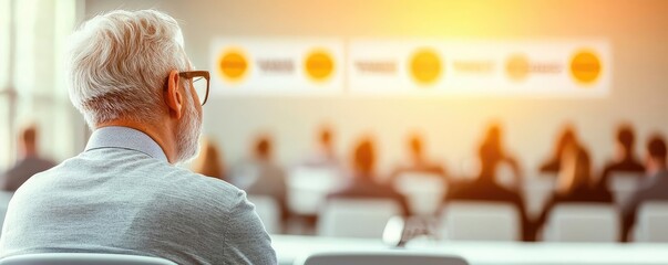 Poster - Networking event idea. An elderly man observing a business presentation in a conference room.