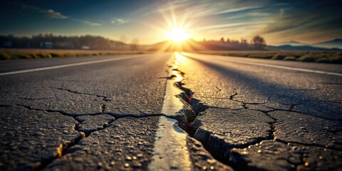 Poster - Cracked Asphalt Road at Sunset A Close-Up View of a Damaged Highway with the Sun Setting in the Background