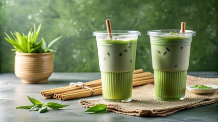 Poster - Refreshing Iced Matcha Latte Drinks with Bamboo Straws