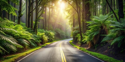 Poster - Sunlit Winding Road Through Lush Green Forest with Ferns