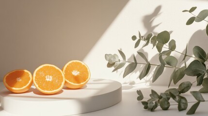Aufkleber - Ripe orange slices rest on a circular stone surface, illuminated by warm sunlight that dances across the wall, while gentle eucalyptus leaves provide a touch of nature nearby
