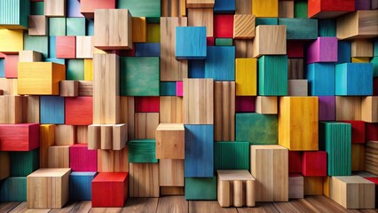Poster - Vibrant Wooden Block Wall Abstract Composition Featuring Multicolored Cubes and Rectangular Prisms Arranged in a Random Pattern on a Wooden Floor