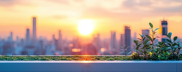 Poster - Greenhouse gas climate change idea. A serene urban skyline at sunset with lush greenery in the foreground.