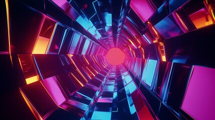 Poster - Vibrant Geometric Tunnel Filled With Colorful Lights and Reflections at Dusk