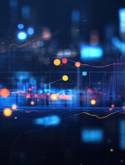 Poster - Perspective view of stock market growth business investing and data concept with digital financial chart graphs diagrams and indicators on dark blue blurry background
