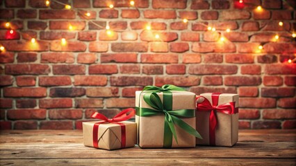 Poster - Wrapped gifts with festive bows on rustic wood against a brick wall with string lights