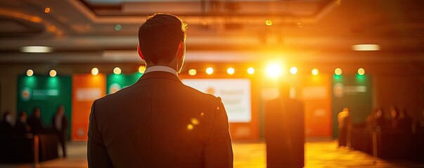 Poster - Networking event idea. A business professional stands in front of a bright stage, preparing for a presentation.