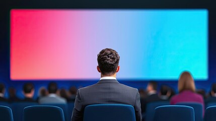 Poster - Networking event idea. Audience watching a presentation on a large screen in a conference hall.