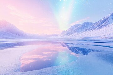 Canvas Print - Serene winter landscape: snow-capped mountains reflected in a frozen lake under a pastel sky.