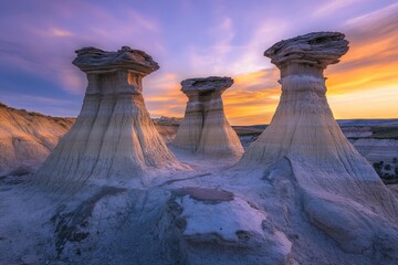 Canvas Print - Three hoodoo rock formations stand tall against a vibrant sunset sky, showcasing nature's artistry in the desert landscape.