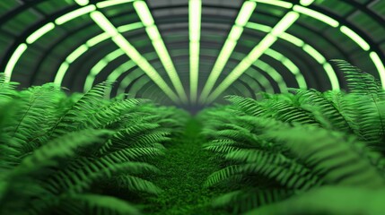 Poster - Greenhouse gas climate change idea. Lush green ferns thrive under bright light in a modern greenhouse environment.