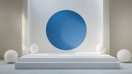 Poster - A modern artistic space showcases a prominent blue circle on a white wall, complemented by smooth white spherical objects. Clean lines and simplicity create a calming atmosphere