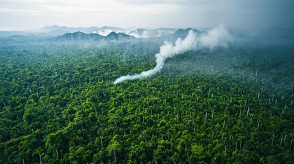 Poster - Greenhouse gas climate change idea. Aerial view of lush forest with smoke rising from distant mountains.