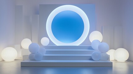 Aufkleber - Soft blue light radiates from a large circular backdrop, casting an ethereal glow. Surrounding spheres create a serene atmosphere, inviting creativity and reflection in this chic art space