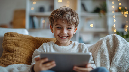 Wall Mural - A boy learns how to use a new smart home technology using a tablet. Online chat, school distance learning.