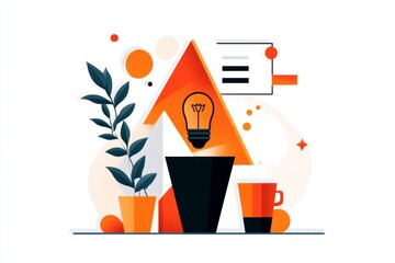 Poster - A stylized flat illustration of a lightbulb replaced by a glowing energy-efficient bulb, set against a plain white background with soft gradients