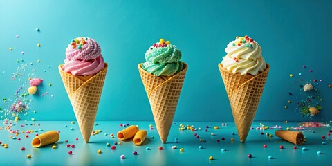 Poster - Three delectable ice cream cones adorned with colorful sprinkles, resting on a vibrant teal surface amidst scattered confectionery delights.