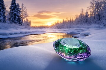 Canvas Print - A vibrant gemstone rests on snowy ground, bathed in the warm glow of a winter sunset.