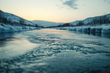 Canvas Print - Serene winter river flows between snow-covered mountains at sunset.