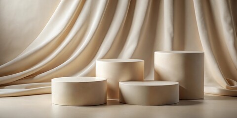 Poster - Elegant beige cylindrical display stands on a soft fabric backdrop