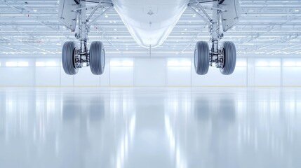 Poster - Aircraft hangar interior featuring detached landing gears, scattered rivets, minimalist ambiance, organized simplicity, emphasizing open space and industrial design