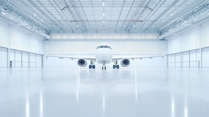 Poster - Aircraft hangar interior with detached landing gears, scattered rivets, minimalist ambiance, organized chaos, showcasing aviation components in a serene, spacious environment