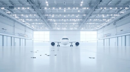 Poster - Aircraft hangar with detached landing gears and scattered rivets, minimalist environment, spacious and uncluttered, emphasizing industrial elements and simplicity