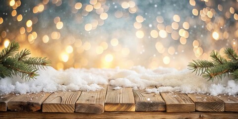 Poster - Rustic Wooden Table Covered in Fresh Snow with Evergreen Branches and a Sparkling Festive Background