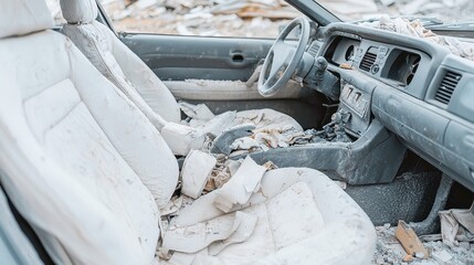 Poster - Auto Repair Shop Interior, cluttered with worn seats, damaged dashboards, and visible wiring, showcasing the raw essence of vehicle restoration and maintenance.