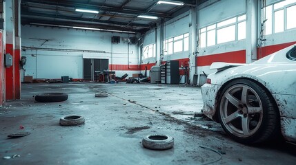 Poster - Auto Repair Shop Interior, a cluttered space featuring ripped upholstery, damaged dashboards, and visible wiring, creating an atmosphere of vehicle disrepair and neglect